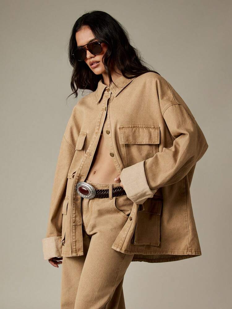 MISSGUIDED Oversized Utility Denim Jacket Khaki Beige Cotton Canvas Workwear Style Multiple Pockets Button Front Collar Autumn Winter Outerwear Streetwear Fashion