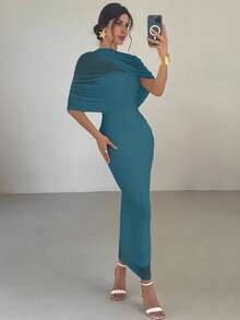 Firerie 优雅浪漫的黄色纯色荷叶边领口不对称褶皱腰身修身连衣裙，女士沙滩装、机场装、度假装、教师装 - 水鴨藍 - 查看 6