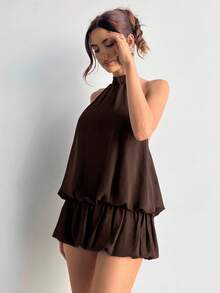 Aloruh 女式休闲纯色荷叶边下摆挂脖连衣裙，夏季