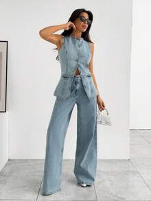 EURMUSE Set di donna composto da un gilet di jeans casual monopetto e jeans - Lavaggio chiaro - Visualizzare 3