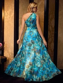 MOTF Soiréza VESTIDO DE NOCHE DE UNA SOLA MANGA SIN MANGAS DE LARGO HASTA EL SUELO CON PATRONES ABSTRACTOS ALEATORIOS VIBRANTES Y TELA PLISADA, SILUETA ENTALLADA PARA EVENTOS FORMALES Y BODAS DE PRIMAVERA/VERANO - Azul - Ver 4