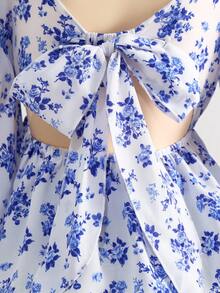 少女休闲碎花束腰泡泡袖后背蝴蝶结装饰衬衫，春夏荷叶边上衣/度假/节日/复古/沙滩/大海/优雅/连衣裙/波西米亚/波西米亚风服装，秋冬内衣 - 藍白色 - 查看 8