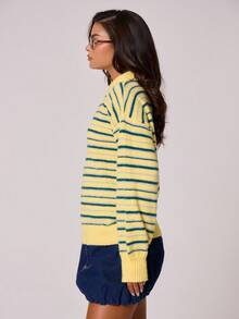 MUSERA Áo polo tay dài cổ bẻ cài nút, dáng rộng, kẻ sọc, dễ thương, thích hợp mặc mùa xuân, thường ngày, chủ nhật, áo oversized, đi sân bay, đi học, mùa đông, mặc hàng ngày, dự tiệc tối, thanh lịch, kỳ nghỉ xuân. - Màu vàng - Xem 3