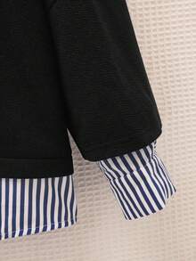 SHEIN EZwear 大码女式黑色条纹拼布翻领长袖休闲宽松运动衫 - 彩色 - 查看 3