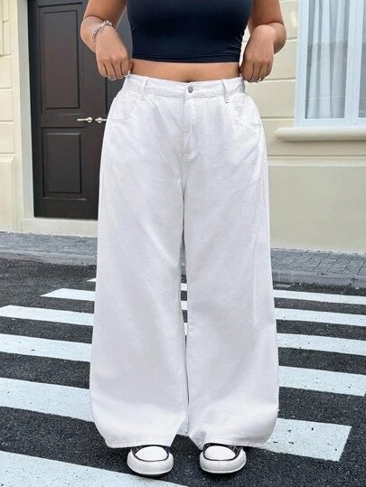 SHEIN ICON 大码休闲百搭纯色阔腿牛仔裤