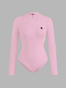 SHEIN EZwear Bộ đồ liền thân cổ cao có khóa kéo họa tiết ngựa con dành cho nữ, áo liền thân dài tay thường ngày, thu/đông - Nhiều màu - Xem 11