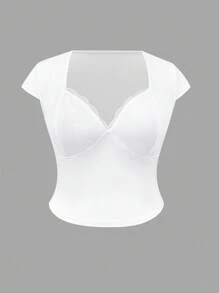 INAWLY Camiseta Cropped Ajustada com Decote Profundo em Formato de Coração e Mangas Curtas, Plus Size e Sexy - Branco - Visão 3