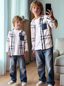 SHEIN 2pcs Young Boy Woven Plaid Casual Shirt And Pants Set Fall Winter - Blue - View 5