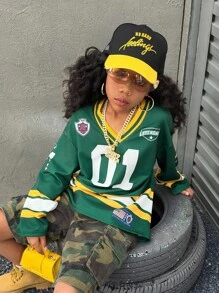 Coolane Kids 青少年女孩休闲运动装数字图案大码长袖平纹T恤 - 綠色 - 查看 4