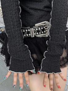 FRIFUL 女式黑色立领长袖撞色修身休闲T恤，秋季 - 黑色 - 查看 5