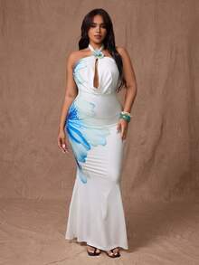 Rustia 加大码优雅性感白色蝴蝶花卉 3D 印花低胸露背长款美人鱼连衣裙，适合秋季女性 - 彩色 - 查看 4