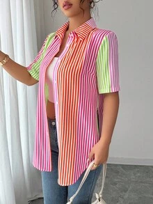 SHEIN LUNE 女士夏季条纹短袖单排扣休闲衬衫 - 彩色 - 查看 7