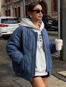 DAZY Quilted Diamond Pattern Patchwork Ribbed Loose Fit Women Padded Coat Winter Jacket - Navy Blue - View 6