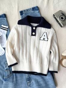 SHEIN 小男孩厚字母贴花半拉链针织毛衣，长袖，秋冬 - 白色 - 查看 1