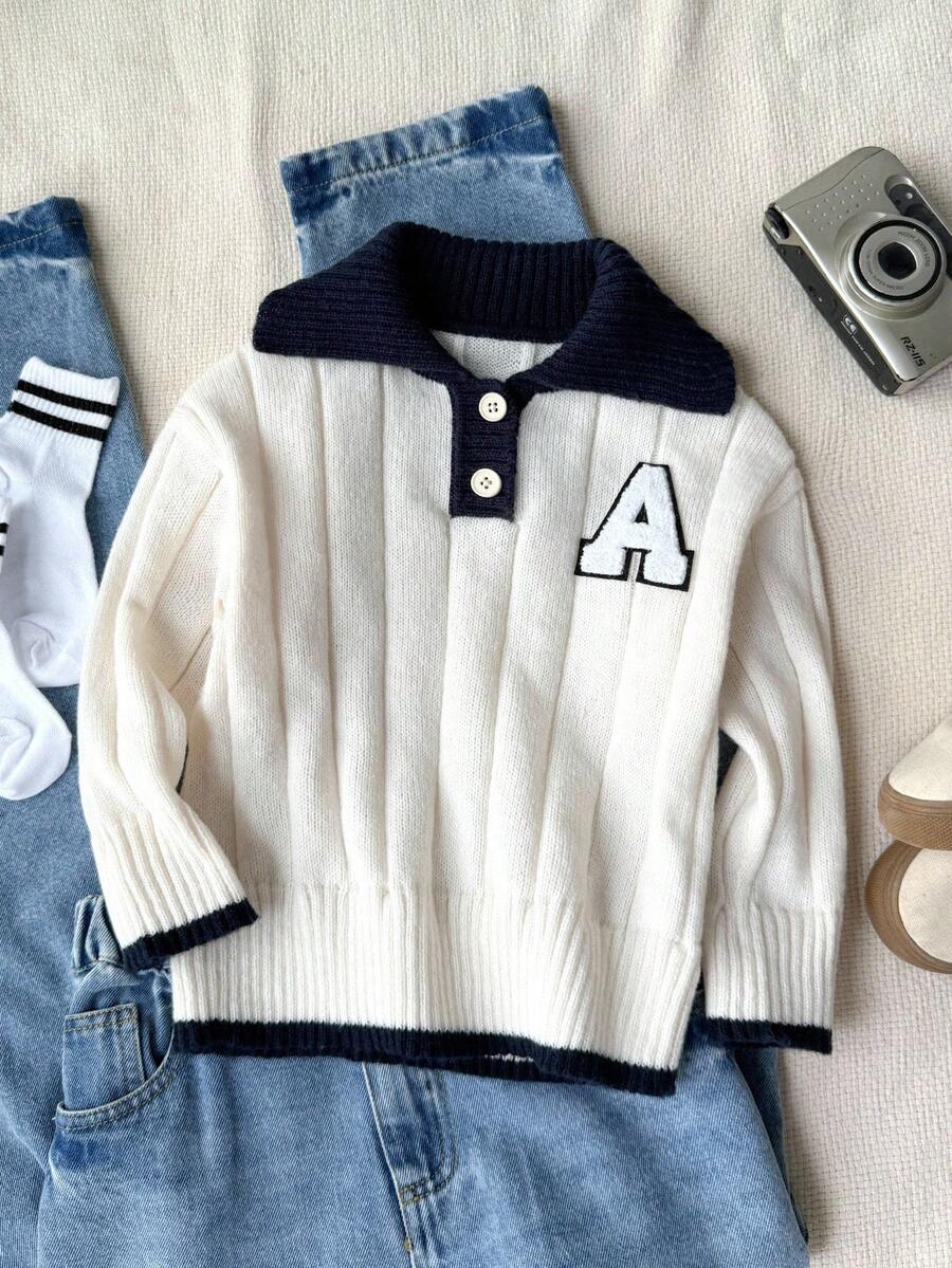 SHEIN 小男孩厚字母贴花半拉链针织毛衣，长袖，秋冬 - 白色 - 查看 1