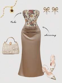 SHEIN MOD 女士花卉拼接提花褶裥鱼尾优雅无肩带中长连衣裙 - 彩色 - 查看 1