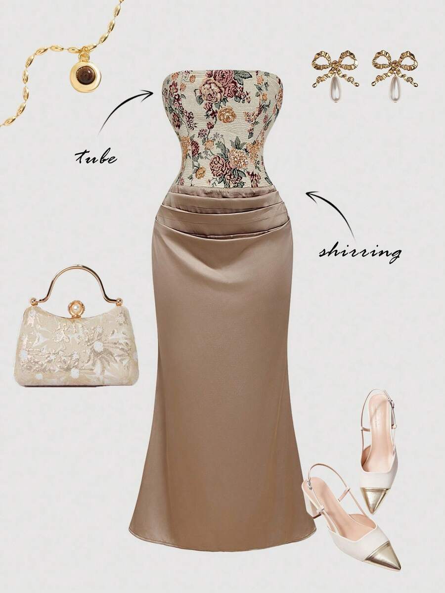 SHEIN MOD 女士花卉拼接提花褶裥鱼尾优雅无肩带中长连衣裙 - 彩色 - 查看 1