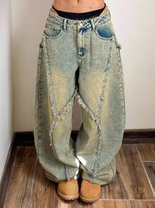 SHEIN ICON Plus Size Women Vintage Washed Denim Jeans, Autumn/Winter - Light Wash - View 2