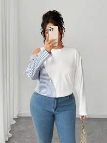 Elenzga Blusa Plus Size Elegante Minimalista Listrada Patchwork - Branco - Ver 5