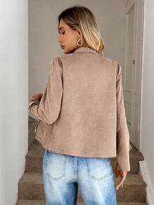 Easowa 女式休闲时尚街头时尚翻领拉链仿麂皮机车夹克，秋季 - 駝色 - 查看 2