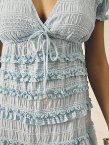 Aralina 女式纯色荷叶边V领休闲短袖迷你连衣裙 - 淺藍色 - 查看 8