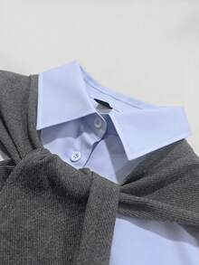 INAWLY 女士时尚休闲浪漫长袖衬衫和裤子两件套 - 藍色 - 查看 3