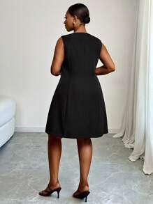 Slaydiva Plus Size Women Elegant Black Sleeveless Dress With Golden Buttons,Semi Formal Summer Bohemian Beach Music Festival,Business Casual Wedding Guest - Black - View 2