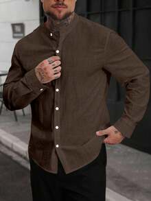 Manfinity CasualCool 男士休闲立领纯棉简约长袖衬衫，长袖上衣，男士秋季户外2025秋季，棕色衬衫男士男士棉质衬衫，适合秋季 - 咖啡棕 - 查看 3