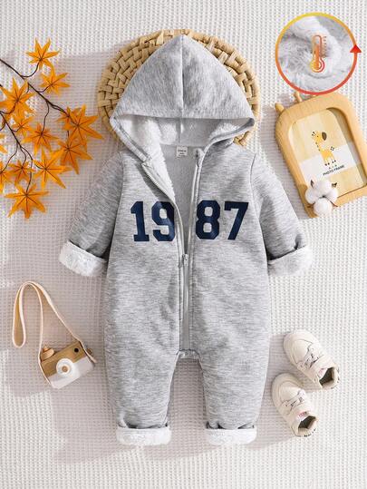 SHEIN Baby Boy/Girl Grey Fleece-Lined Knit Loose Hooded Long Sleeve Jumpsuit With Number Print, Thick & Soft, Suitable For Indoor & Outdoor, Autumn/Winter Fall