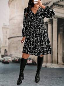 EMERY ROSE Plus Size Women Floral Print Long Sleeve Ruffle Hem Dress, Autumn