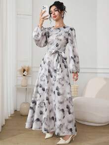 Modelyn Tie Dye Lantern Sleeve Belted Maxi Dress - Grey - View 5