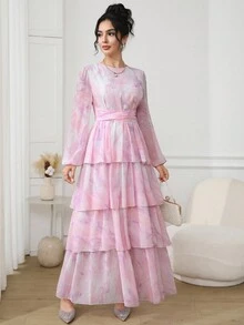 Veilorie Women's Baby Pink Tie Dye Chiffon Maxi Dress Round Neck Puff Long Sleeve A Line Party Gown Arabian Style - Baby Pink - View 2