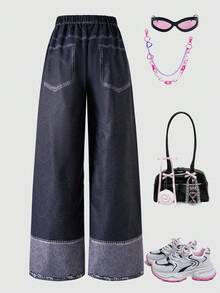 SHEIN Explorewe Pantalon large à imprimé slogan de dessin animé en couleur contrastée pour préadolescentes - Noir - Voir 2