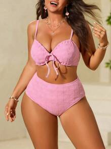 SHEIN Swim Curve Conjunto de Shorts de Cintura Alta con Doble Tirante & Traje de Baño para Mujer Talla Grande, para el Verano - Multicolor - Ver 4