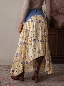 EMERY ROSE Minifalda de mezclilla con estampado floral y parches casual para mujer - Azul - Ver 2