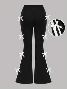 SHEIN Girlism Tween 女童春季黑色蝴蝶结装饰条纹喇叭裤，返校季，居家休闲运动，蝴蝶结装饰甜美运动喇叭裤