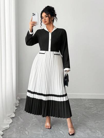 Elenzga Women's Elegant Long Sleeve Black & White Color Block Pleated Dress Fall Cloth For Women