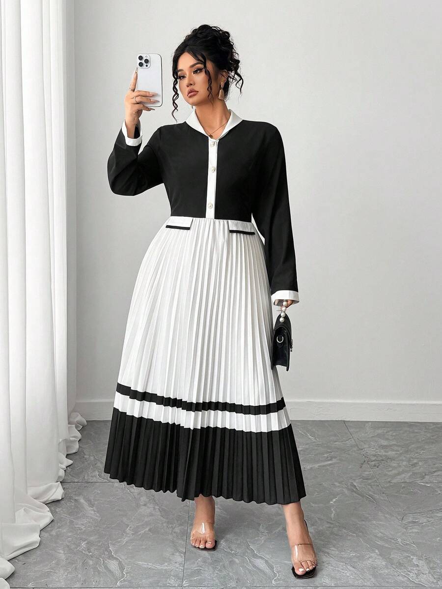 Elenzga Women's Elegant Long Sleeve Black & White Color Block Pleated Dress Fall Cloth For Women