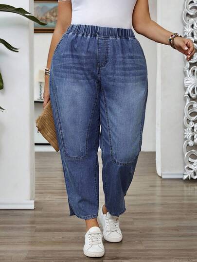 EMERY ROSE Plus Size Women Elastic Waist Pockets Casual Loose Tapered Jeans
