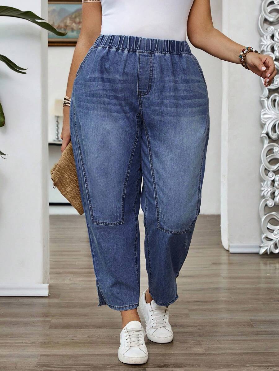 EMERY ROSE Plus Size Women Elastic Waist Pockets Casual Loose Tapered Jeans