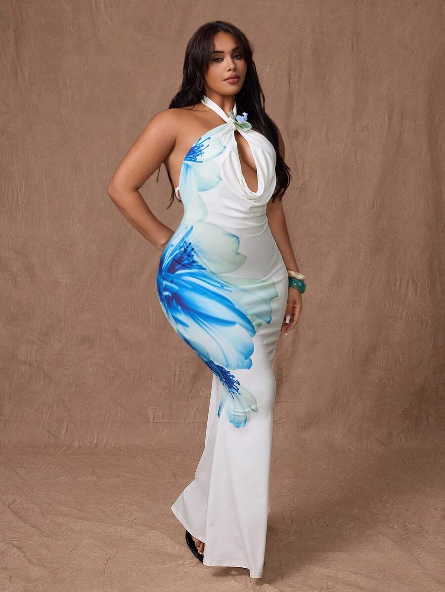 Rustia 加大码优雅性感白色蝴蝶花卉 3D 印花低胸露背长款美人鱼连衣裙，适合秋季女性 - 彩色 - 查看 1