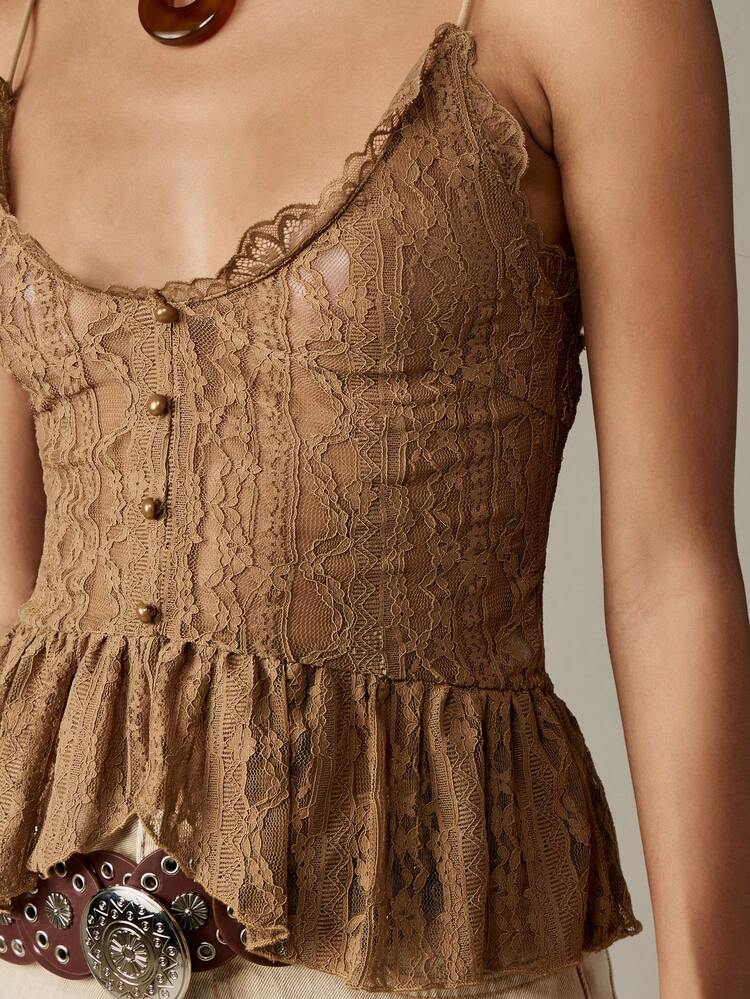 MISSGUIDED Vintage Inspired Lace Corset Cami Top With Peplum Frill Trim Button Front Bustier Style Sweetheart Neckline Evening Party Boho Festival Summer Wear