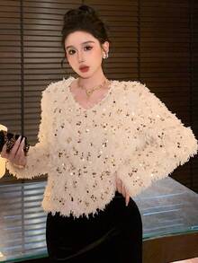 DAZY 亮片装饰宽松长袖上衣，独特设计，适合秋冬季 - 杏色 - 查看 3