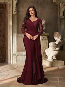 Aureia 大码优雅奢华红色刺绣亮片蕾丝拼接弹力针织泳衣，带美人鱼尾和可拆卸侧边荷叶边，适合婚礼、派对、度假、盛大晚宴、晚礼服、新娘母亲、情人节等场合。 - 酒紅色 - 查看 1