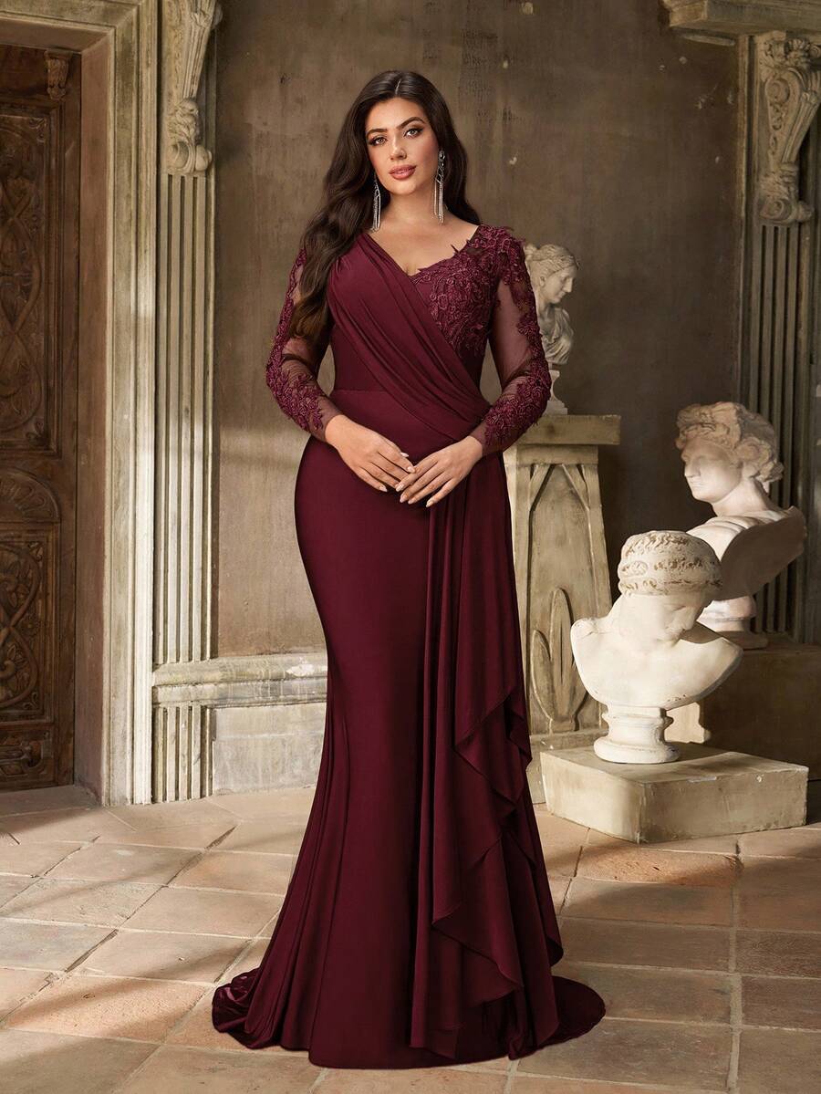 Aureia 大码优雅奢华红色刺绣亮片蕾丝拼接弹力针织泳衣，带美人鱼尾和可拆卸侧边荷叶边，适合婚礼、派对、度假、盛大晚宴、晚礼服、新娘母亲、情人节等场合。 - 酒紅色 - 查看 1