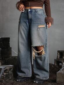 Jeanoix 大码女式做旧口袋宽腿宽松休闲牛仔裤 - 藍色 - 查看 1