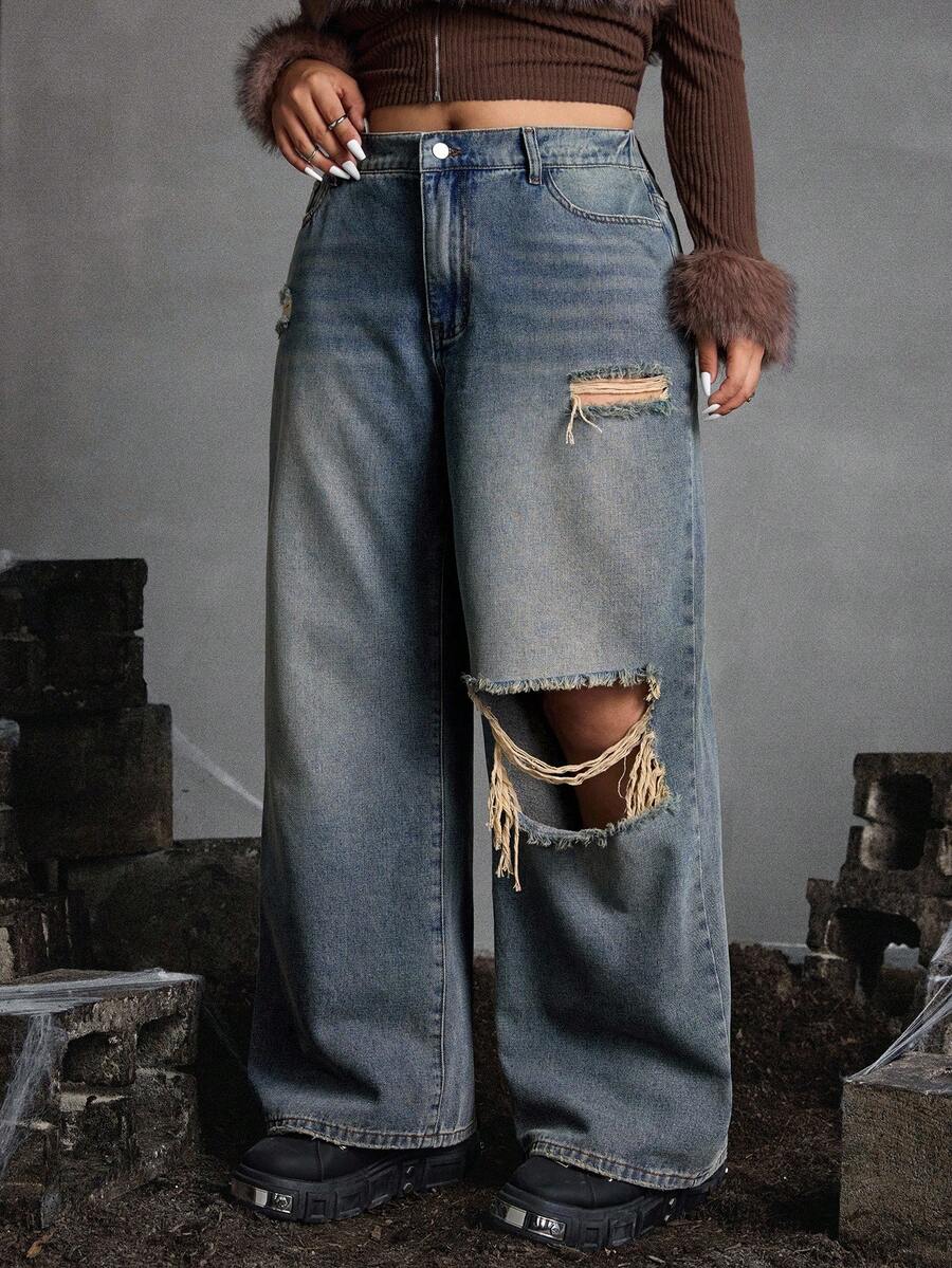 Jeanoix 大码女式做旧口袋宽腿宽松休闲牛仔裤 - 藍色 - 查看 1