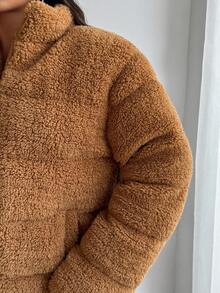 SHEIN Tall Women Fluffy Detailed Padded Coat Teddy Jacket Fur Jacket Brown Jacket Faux Fur Jacket