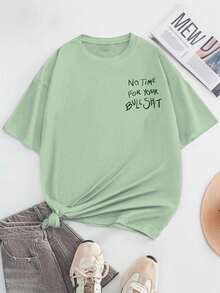 EMERY ROSE Camiseta de manga corta de cuello redondo con estampado de letras "No Time For Your" de corte holgado y talla grande para mujer - verde menta - Ver 4
