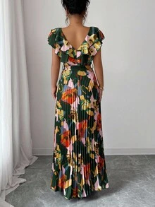 Elenzga Vestido elegante y romántico para mujer con cuello en V, estampado digital, volantes en la cintura y corte evasé, estilo vacacional - Multicolor - Ver 2